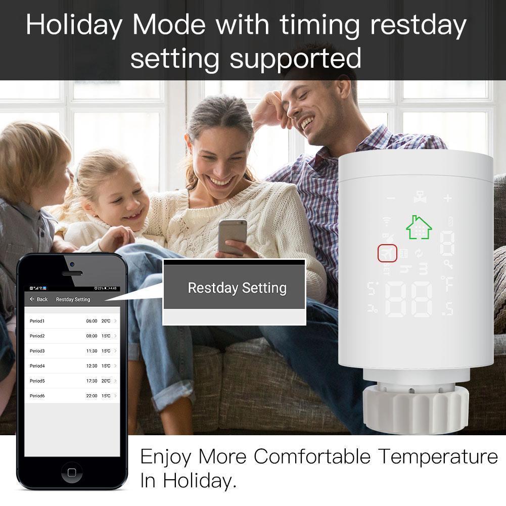 Robinet termostat smart WiFi pentru radiatoare, comenzi touch, conectivitate prin hub Zigbee cu aplicatie Tuya, compatibilitate Amazon Alexa sau Google Home
