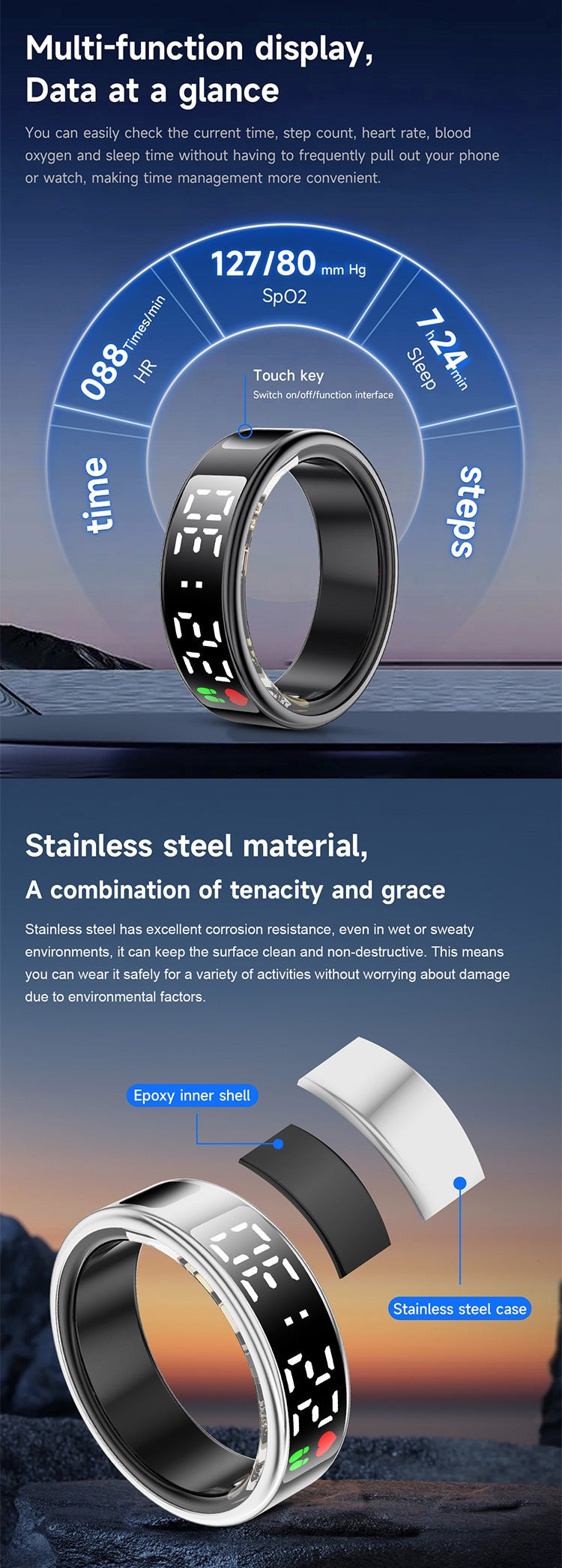 Inel Inteligent - Smart Ring R08- Puls, Monitorizare somn, Saturație, Pași, Display,  Rezistent la apa si praf IP68