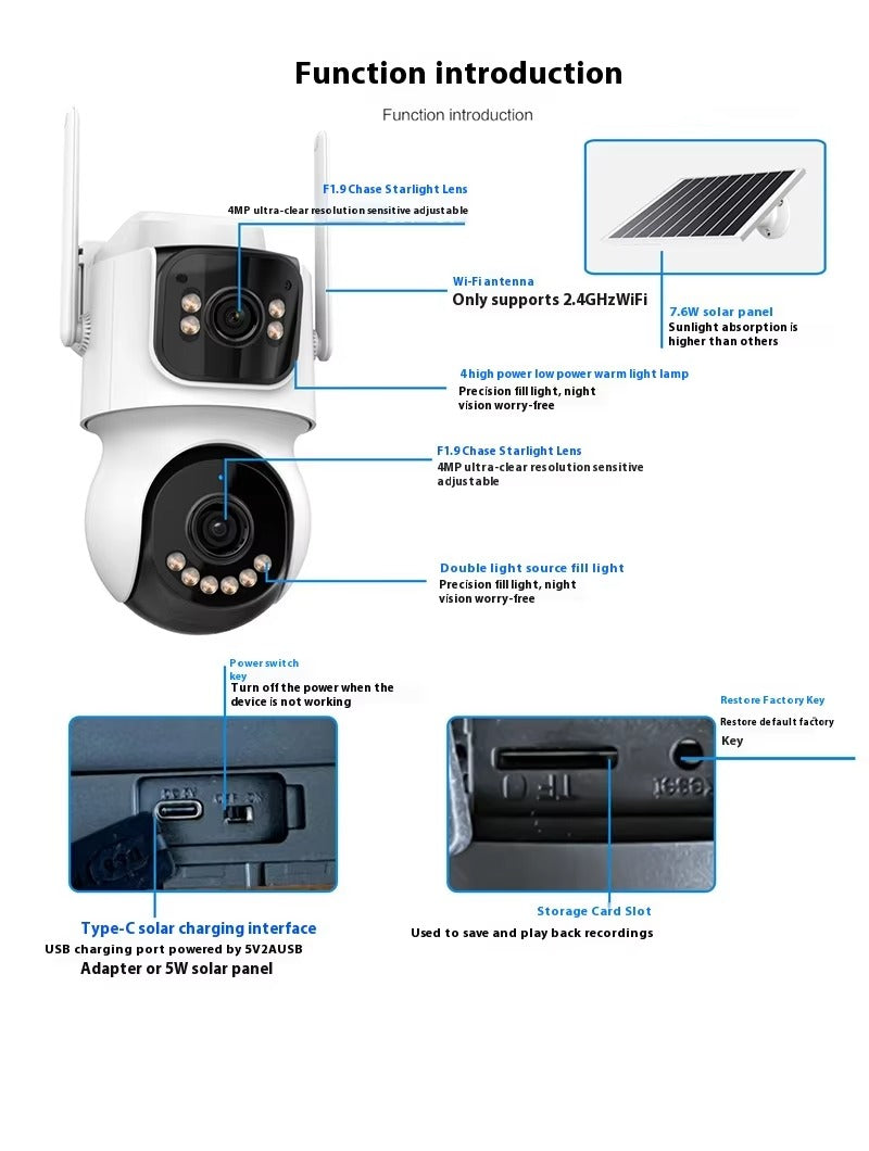 Cameră Supraveghere Solară WIFI Dual-Lens 4MP, Panou Solar 9W & Baterie 10.000mAh