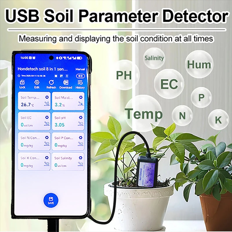 Senzor USB 8-în-1 pentru Parametrii Solului – Profesional, cu Afișare pe Telefon