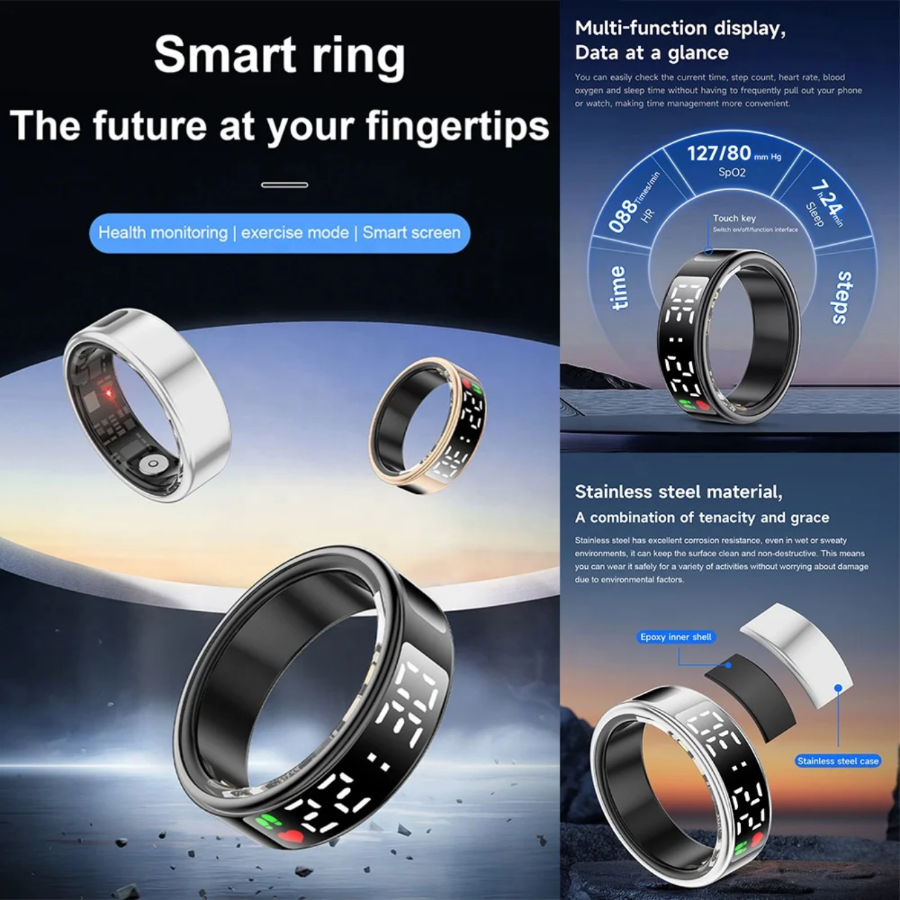 Inel Inteligent - Smart Ring R08- Puls, Monitorizare somn, Saturație, Pași, Display,  Rezistent la apa si praf IP68