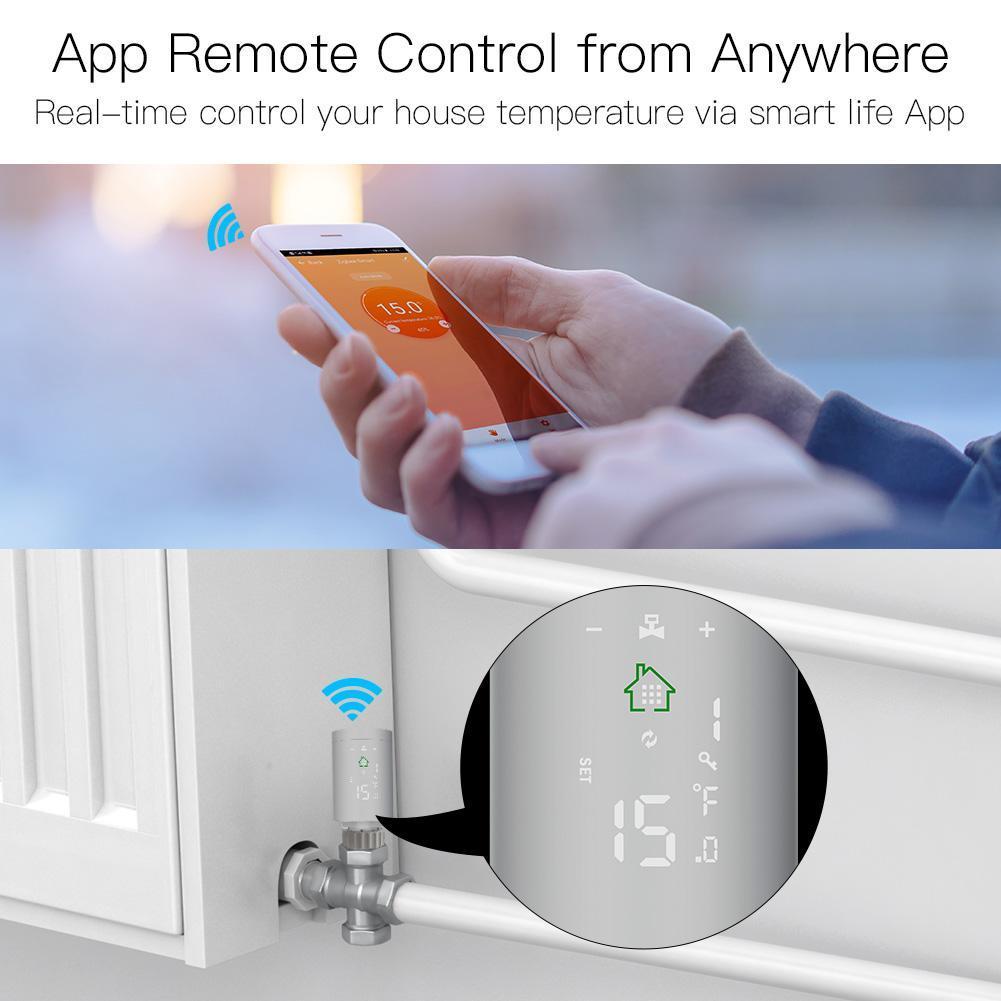 Robinet termostat smart WiFi pentru radiatoare, comenzi touch, conectivitate prin hub Zigbee cu aplicatie Tuya, compatibilitate Amazon Alexa sau Google Home