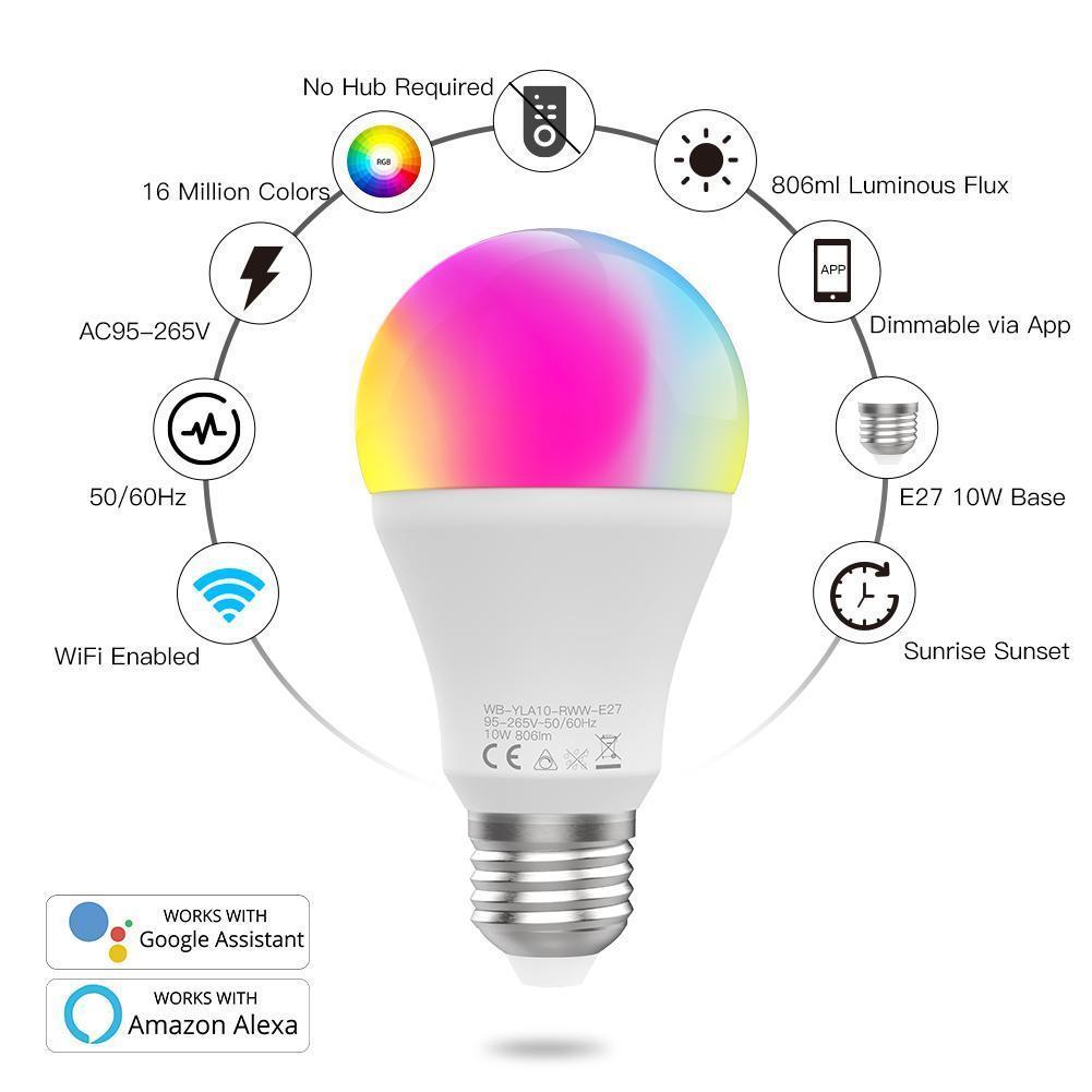 Bec LED smart 10W E27 compatibil cu Google Home si Amazon Alexa RGB+CCT