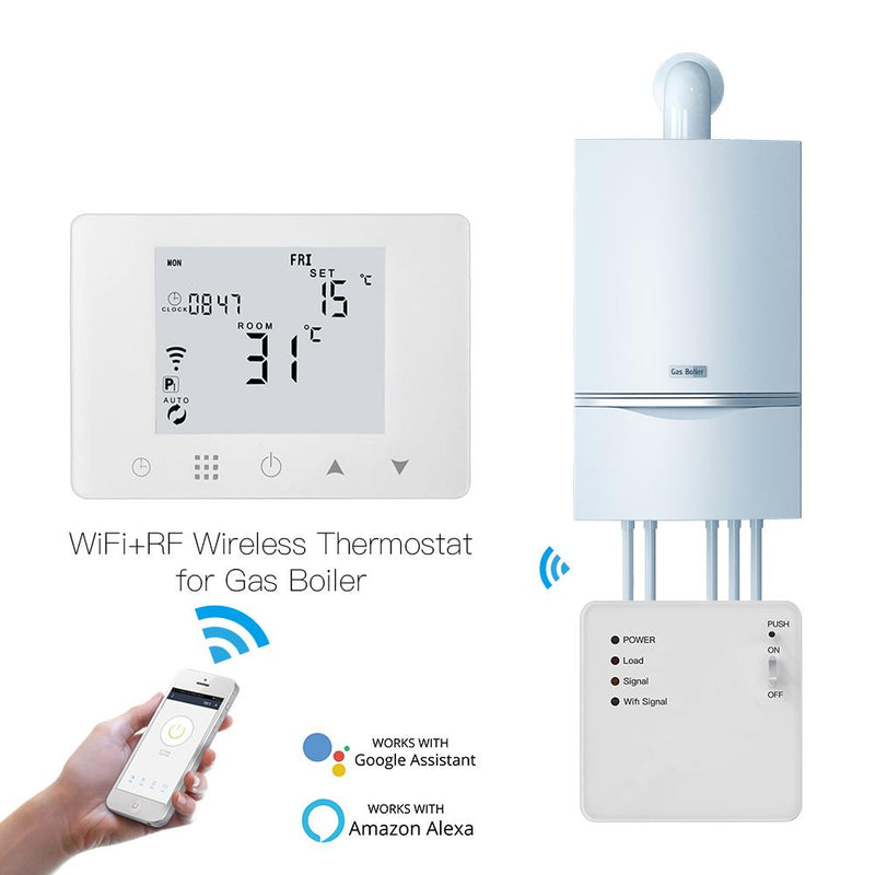 Termostat alb smart+RF pentru centrale termice gaz controlat prin RF si Internet compatibil Alexa si Google Home